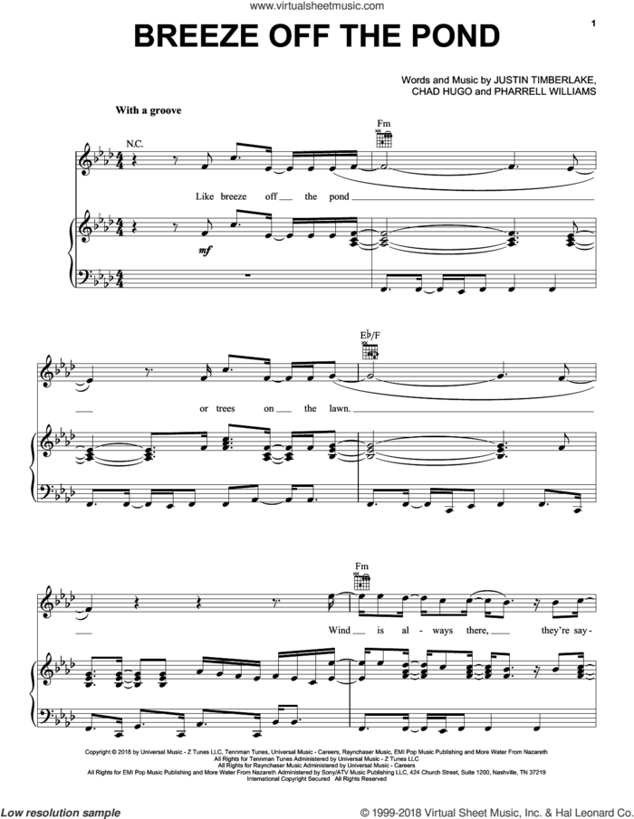 Breeze Off The Pond sheet music for voice, piano or guitar by Justin Timberlake, Chad Hugo and Pharrell Williams, intermediate skill level