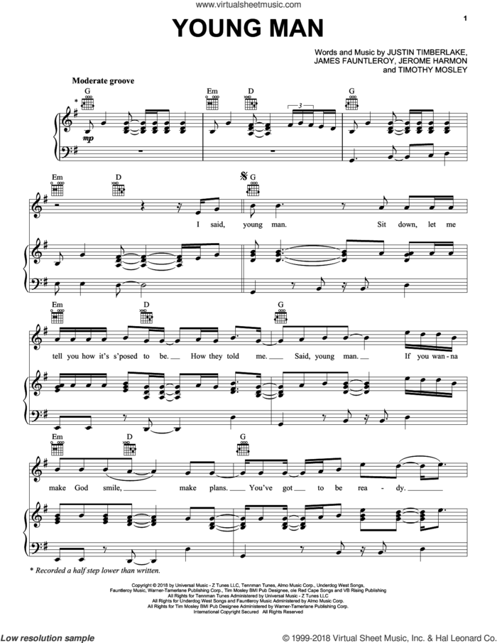 Young Man sheet music for voice, piano or guitar by Justin Timberlake, James Fauntleroy, Jerome Harmon and Tim Mosley, intermediate skill level