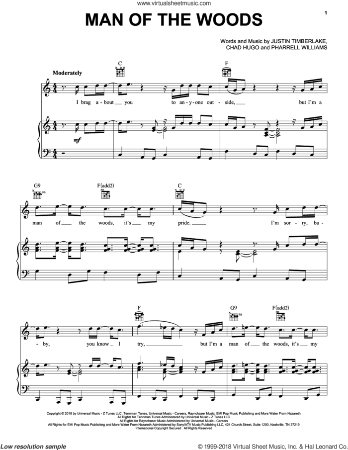 Man Of The Woods sheet music for voice, piano or guitar by Justin Timberlake, Chad Hugo and Pharrell Williams, intermediate skill level