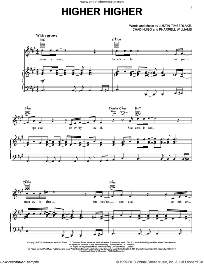 Higher Higher sheet music for voice, piano or guitar by Justin Timberlake, Chad Hugo and Pharrell Williams, intermediate skill level