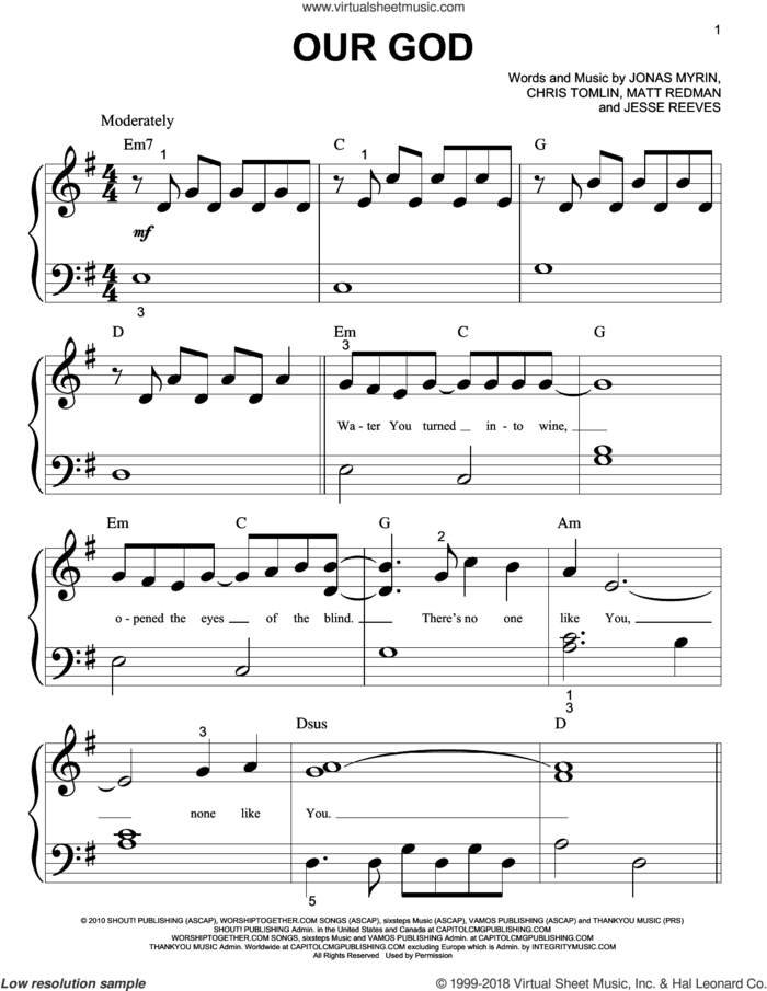 Our God sheet music for piano solo (big note book) by Jesse Reeves, Chris Tomlin, Jonas Myrin and Matt Redman, easy piano (big note book)