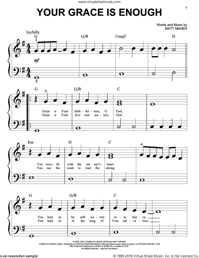 Your Grace Is Enough sheet music for piano solo (big note book) by Chris Tomlin and Matt Maher, easy piano (big note book)