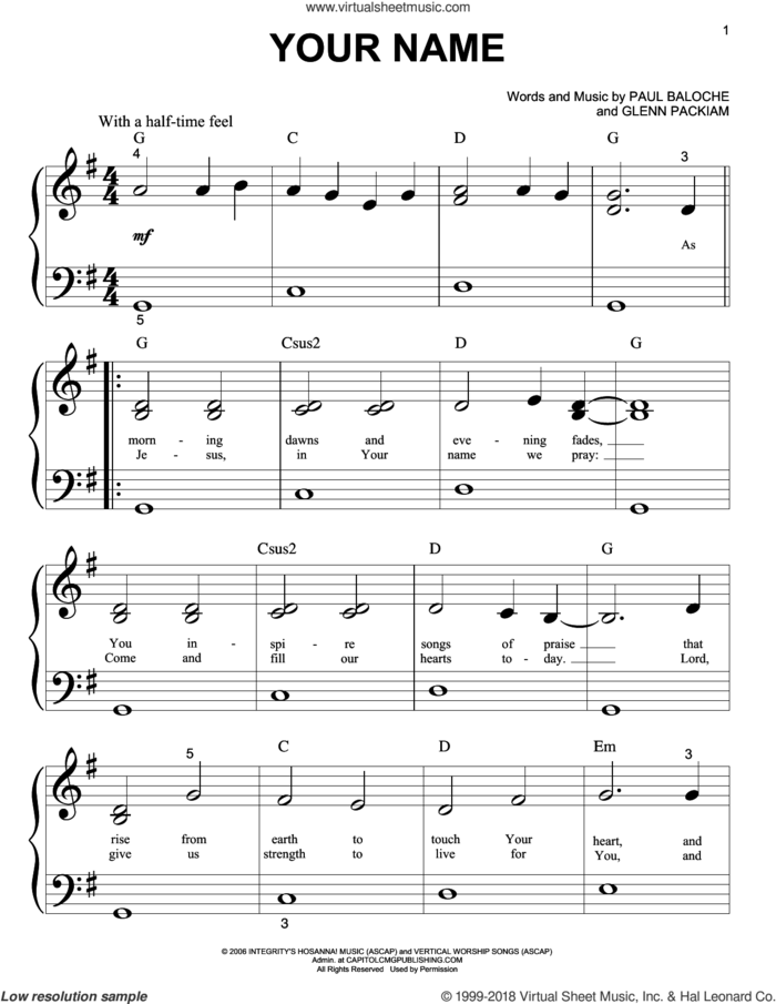 Your Name sheet music for piano solo (big note book) by Phillips, Craig & Dean, Glenn Packiam and Paul Baloche, easy piano (big note book)