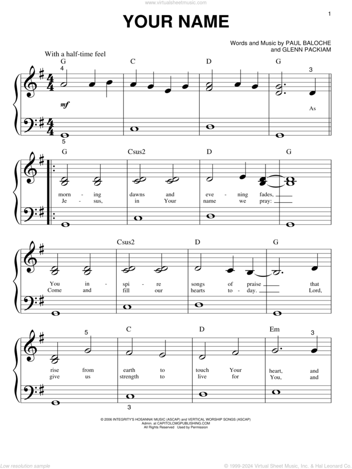 Your Name sheet music for piano solo (big note book) by Phillips, Craig & Dean, Glenn Packiam and Paul Baloche, easy piano (big note book)