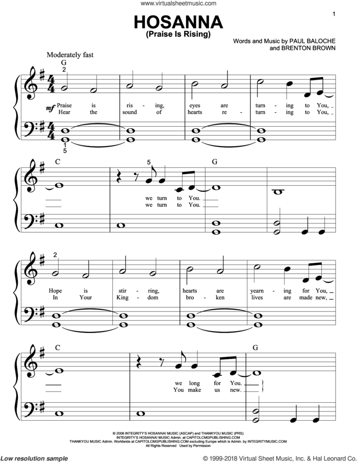 Hosanna (Praise Is Rising) sheet music for piano solo (big note book) by Paul Baloche and Brenton Brown, easy piano (big note book)