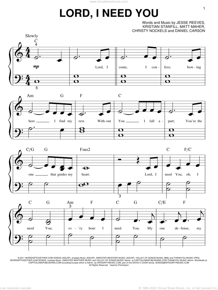 Lord, I Need You sheet music for piano solo (big note book) by Passion, Christy Nockels, Daniel Carson, Jesse Reeves, Kristian Stanfill and Matt Maher, easy piano (big note book)