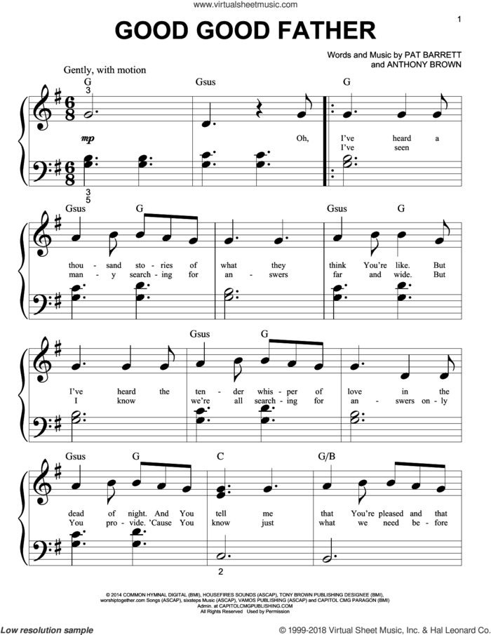 Good Good Father sheet music for piano solo (big note book) by Pat Barrett, Chris Tomlin and Anthony Brown, easy piano (big note book)