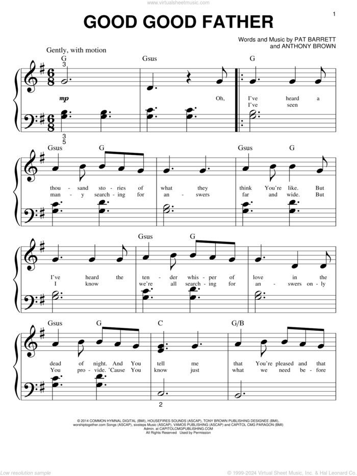 Good Good Father sheet music for piano solo (big note book) by Pat Barrett, Chris Tomlin and Anthony Brown, easy piano (big note book)