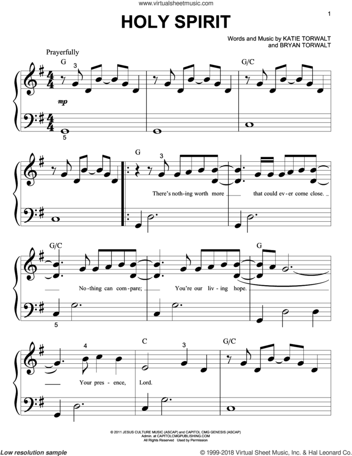 Holy Spirit sheet music for piano solo (big note book) by Bryan Torwalt, Bryan & Katie Torwalt, Francesca Battistelli and Katie Torwalt, easy piano (big note book)