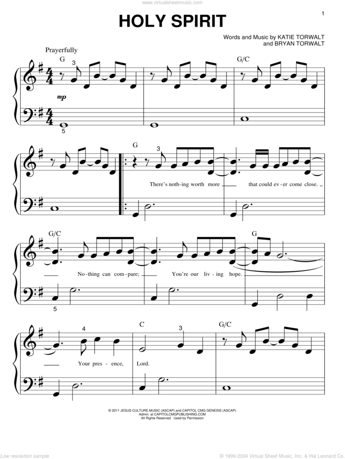 Holy Spirit sheet music for piano solo (big note book) by Bryan Torwalt, Bryan & Katie Torwalt, Francesca Battistelli and Katie Torwalt, easy piano (big note book)