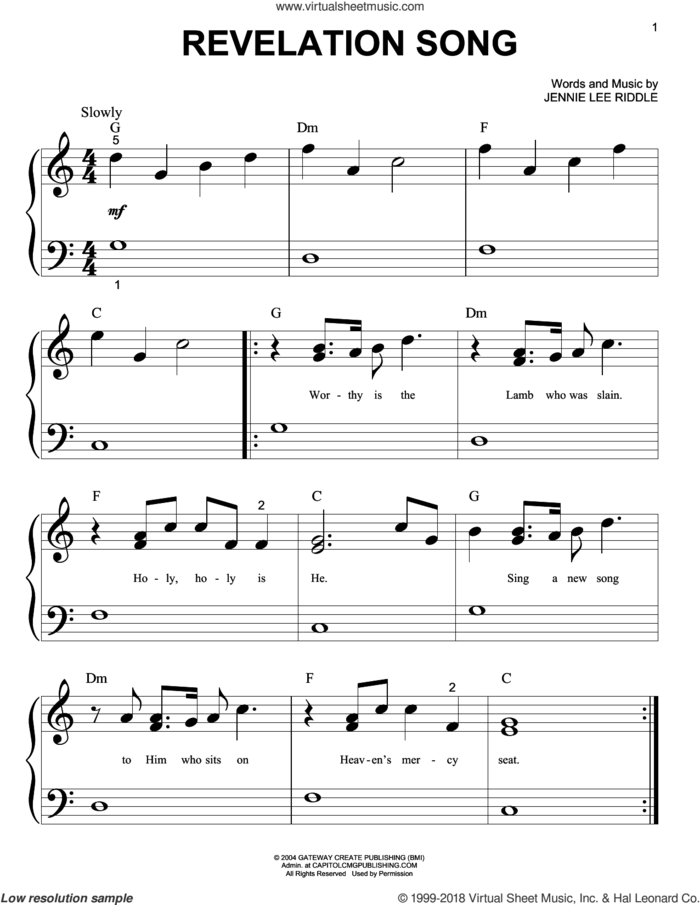 Revelation Song sheet music for piano solo (big note book) by Phillips, Craig & Dean and Jennie Lee Riddle, easy piano (big note book)