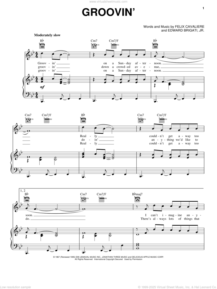 Groovin' sheet music for voice, piano or guitar by The Young Rascals, Edward Brigati Jr. and Felix Cavaliere, intermediate skill level