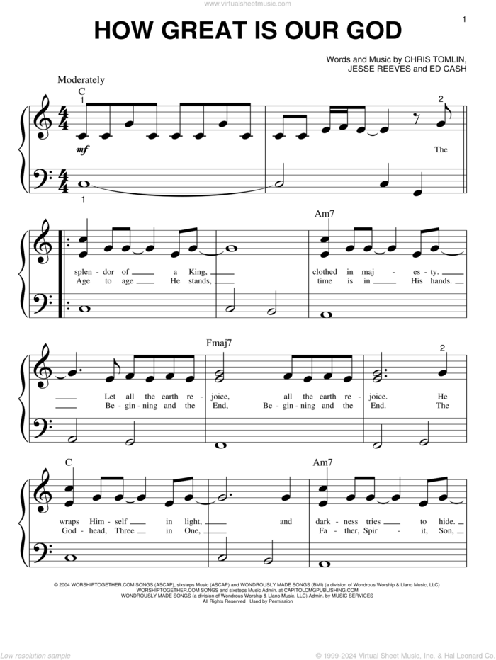 How Great Is Our God sheet music for piano solo (big note book) by Chris Tomlin, Ed Cash and Jesse Reeves, easy piano (big note book)