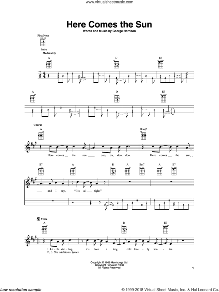 Here Comes The Sun sheet music for baritone ukulele solo by The Beatles and George Harrison, intermediate skill level