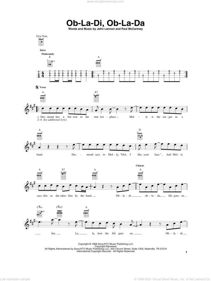 Ob-La-Di, Ob-La-Da sheet music for baritone ukulele solo by The Beatles, John Lennon and Paul McCartney, intermediate skill level
