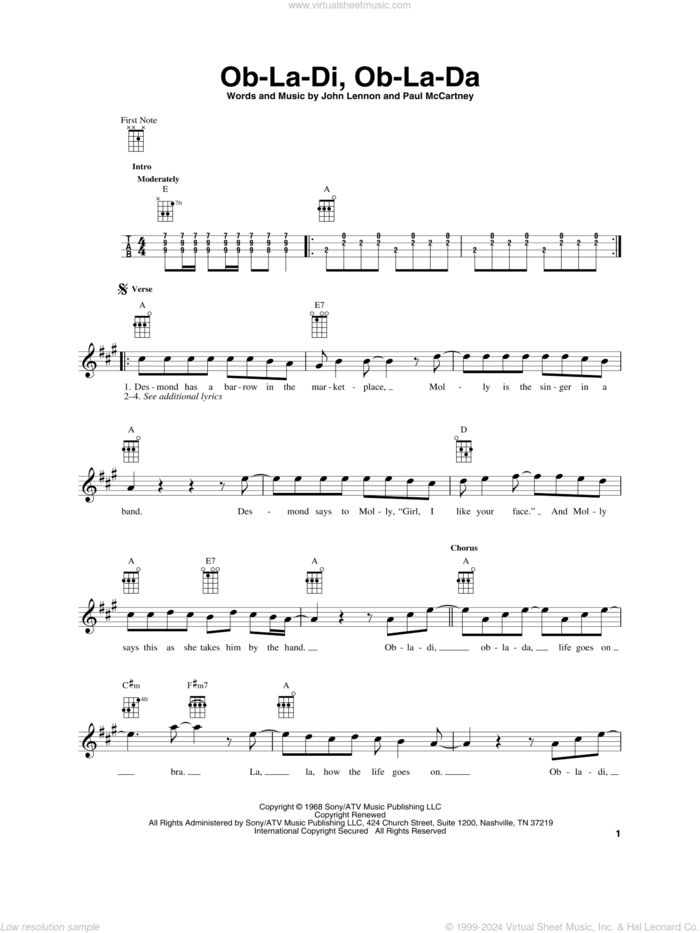 Ob-La-Di, Ob-La-Da sheet music for baritone ukulele solo by The Beatles, John Lennon and Paul McCartney, intermediate skill level