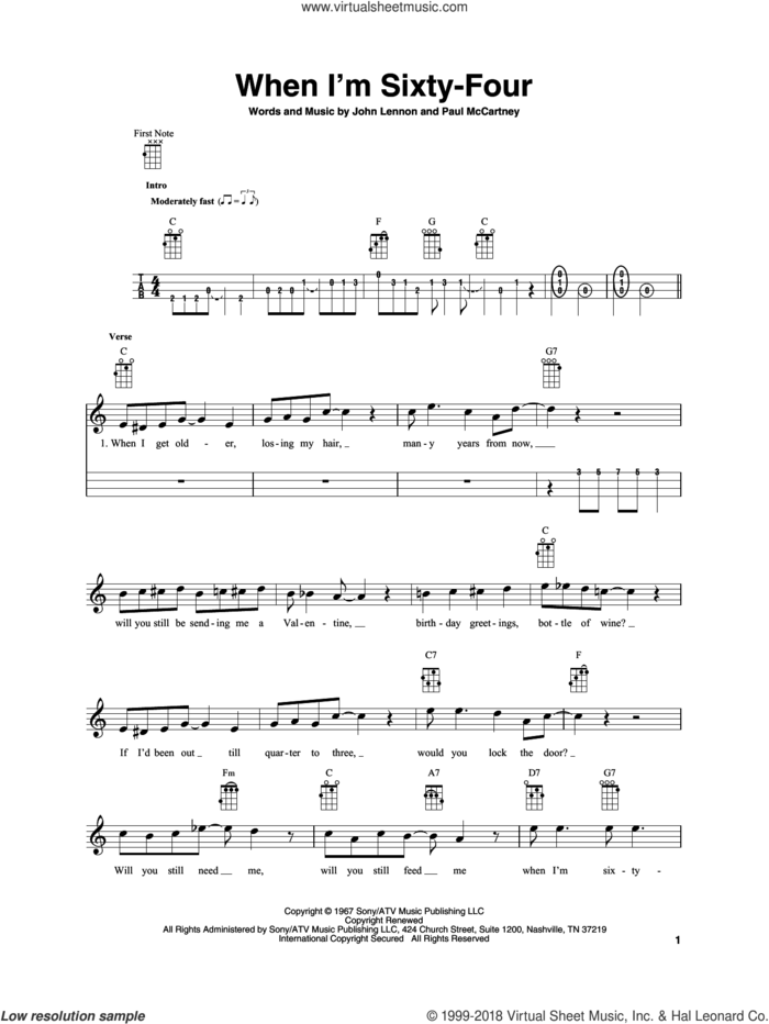 When I'm Sixty-Four sheet music for baritone ukulele solo by The Beatles, John Lennon and Paul McCartney, intermediate skill level