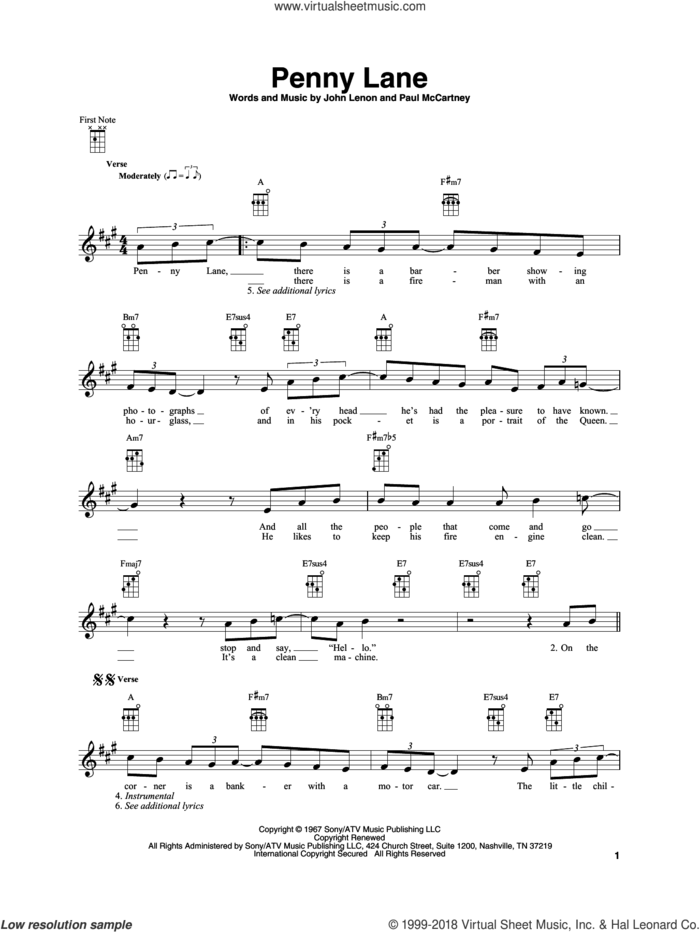Penny Lane sheet music for baritone ukulele solo by The Beatles, John Lennon and Paul McCartney, intermediate skill level