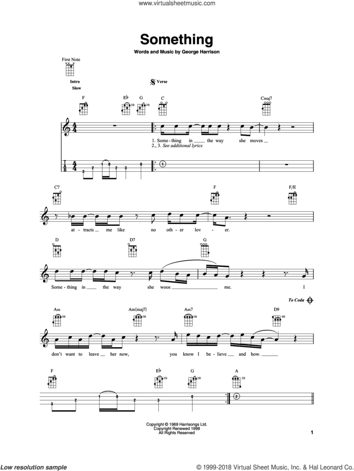 Something sheet music for baritone ukulele solo by The Beatles and George Harrison, intermediate skill level