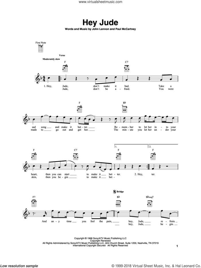Hey Jude sheet music for baritone ukulele solo by The Beatles, John Lennon and Paul McCartney, intermediate skill level