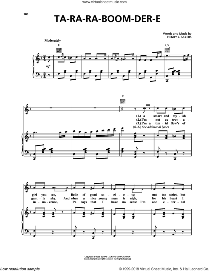 Ta-Ra-Ra-Boom-Der-E sheet music for voice, piano or guitar by Henry J. Sayers, intermediate skill level