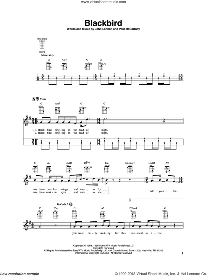 Blackbird sheet music for baritone ukulele solo by The Beatles, John Lennon and Paul McCartney, intermediate skill level