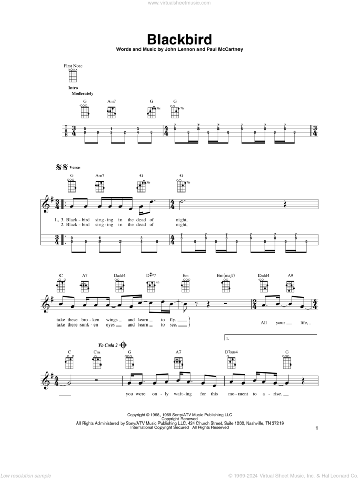 Blackbird sheet music for baritone ukulele solo by The Beatles, John Lennon and Paul McCartney, intermediate skill level