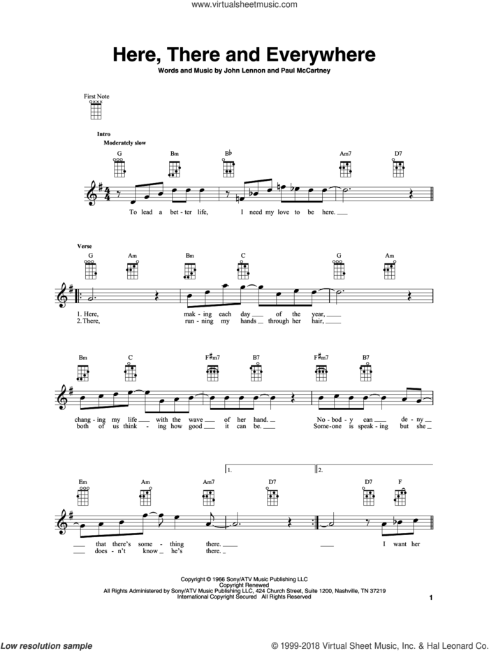 Here, There And Everywhere sheet music for baritone ukulele solo by The Beatles, John Lennon and Paul McCartney, intermediate skill level