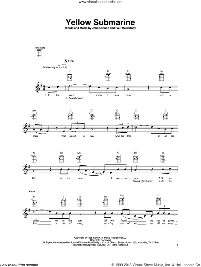 Yellow Submarine sheet music for baritone ukulele solo by The Beatles, John Lennon and Paul McCartney, intermediate skill level