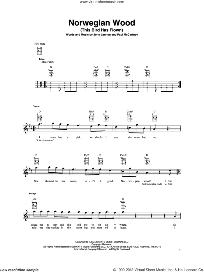 Norwegian Wood (This Bird Has Flown) sheet music for baritone ukulele solo by The Beatles, John Lennon and Paul McCartney, intermediate skill level