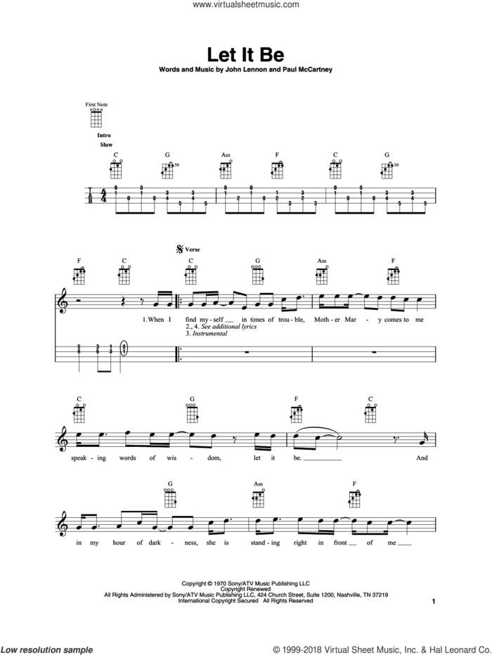 Let It Be sheet music for baritone ukulele solo by The Beatles, John Lennon and Paul McCartney, intermediate skill level