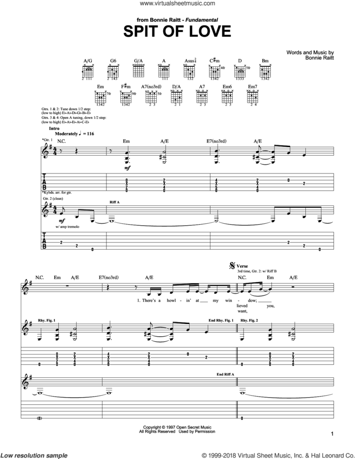 Spit Of Love sheet music for guitar (tablature) by Bonnie Raitt, intermediate skill level