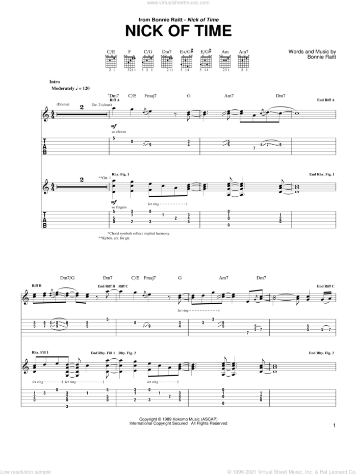 Nick Of Time sheet music for guitar (tablature) by Bonnie Raitt, intermediate skill level