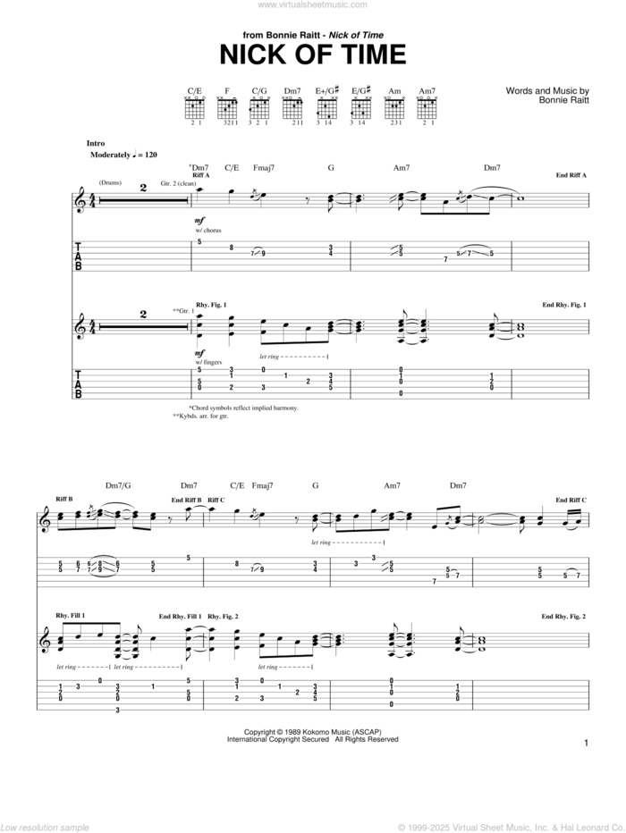 Nick Of Time sheet music for guitar (tablature) by Bonnie Raitt, intermediate skill level