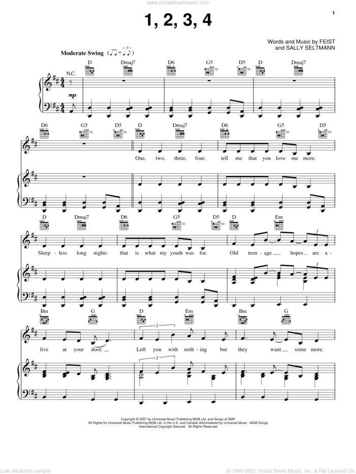 1234 sheet music for voice, piano or guitar by Leslie Feist and Sally Seltmann, intermediate skill level
