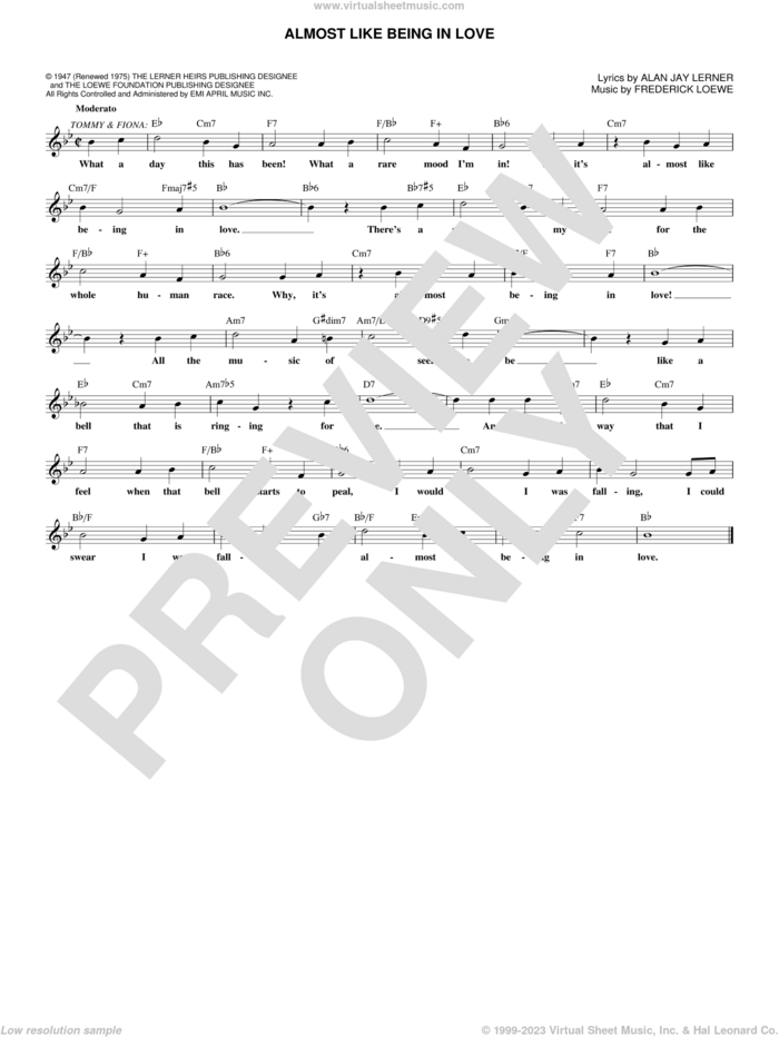 Almost Like Being In Love sheet music for voice and other instruments (fake book) by Alan Jay Lerner and Frederick Loewe, intermediate skill level