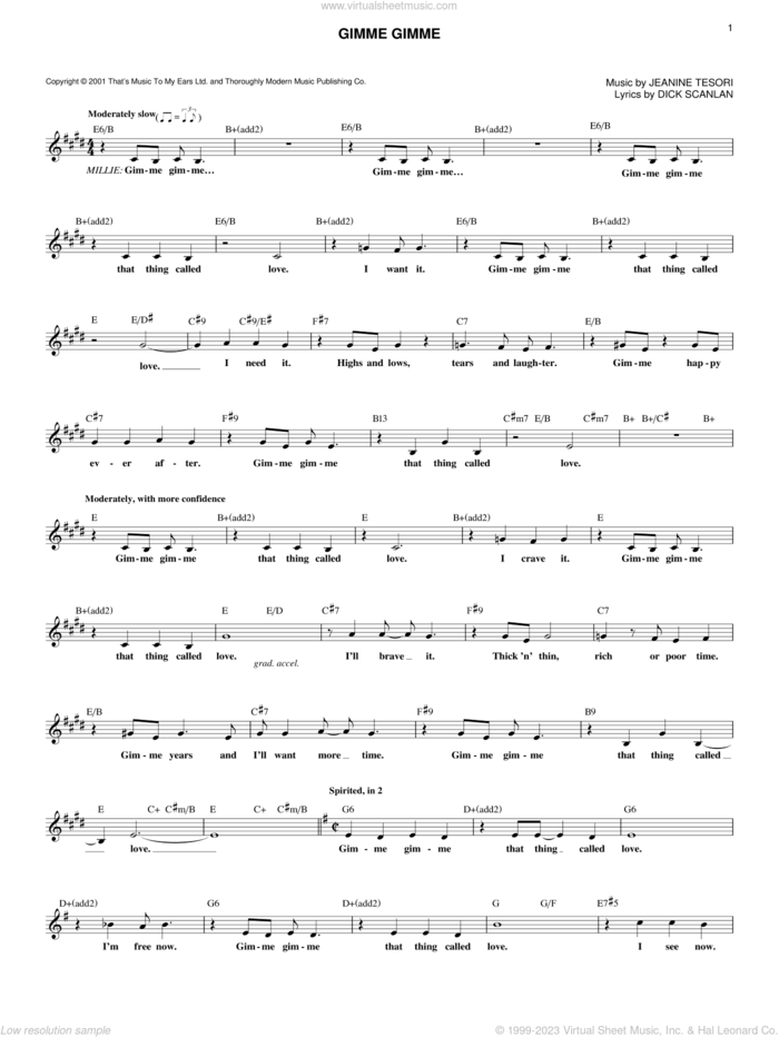 Gimme Gimme sheet music for voice and other instruments (fake book) by Jeanine Tesori and Dick Scanlan, intermediate skill level