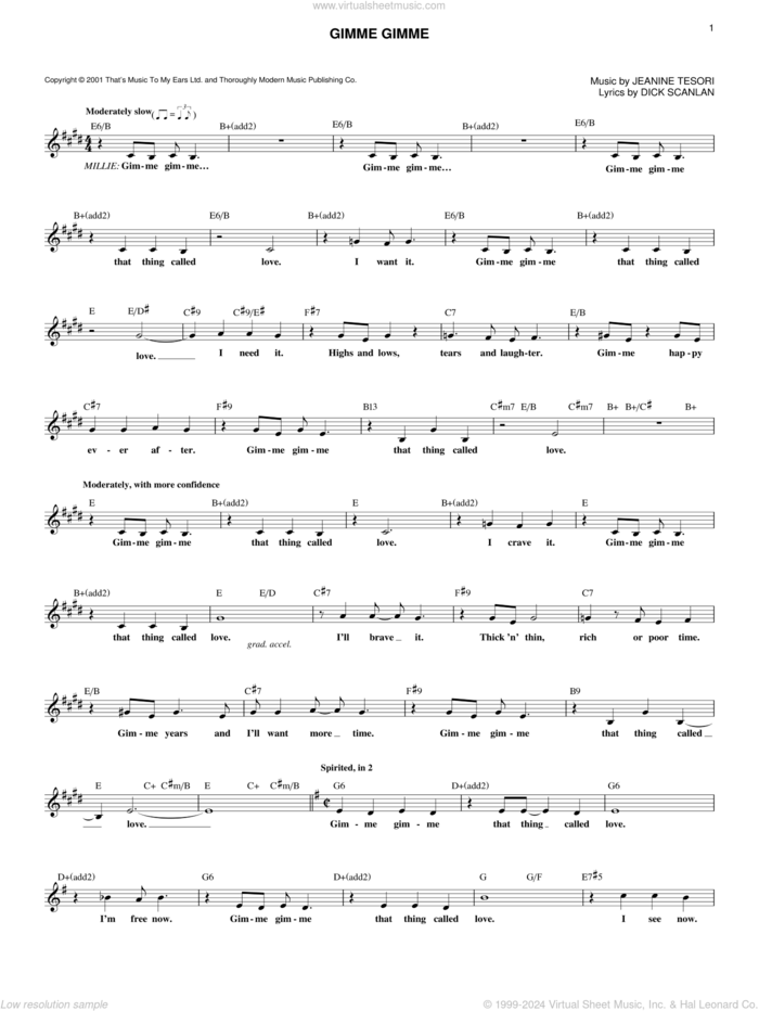 Gimme Gimme sheet music for voice and other instruments (fake book) by Jeanine Tesori and Dick Scanlan, intermediate skill level