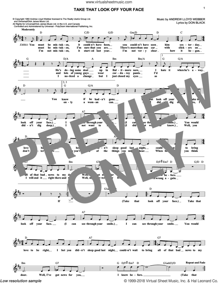 Take That Look Off Your Face sheet music for voice and other instruments (fake book) by Andrew Lloyd Webber and Don Black, intermediate skill level