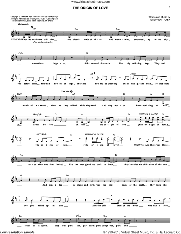 The Origin Of Love sheet music for voice and other instruments (fake book) by Stephen Trask, intermediate skill level