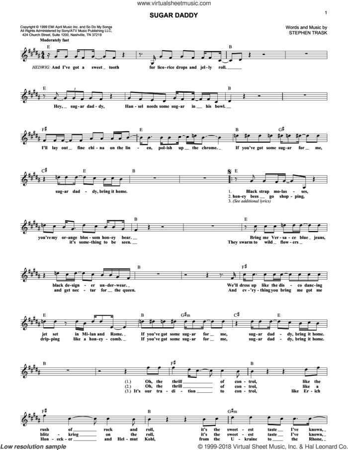 Sugar Daddy sheet music for voice and other instruments (fake book) by Stephen Trask, intermediate skill level
