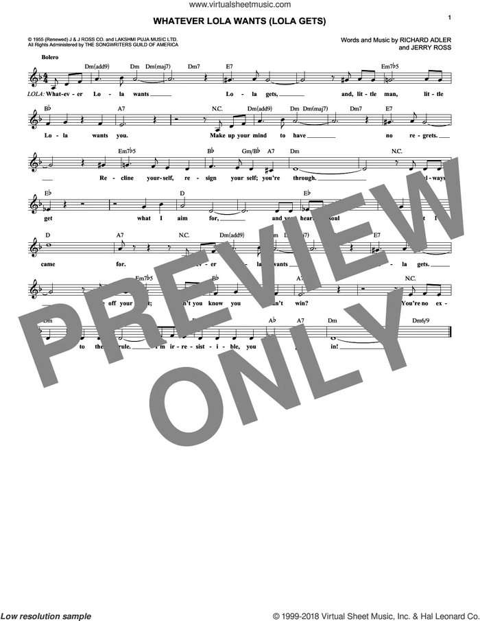Whatever Lola Wants (Lola Gets) sheet music for voice and other instruments (fake book) by Richard Adler and Jerry Ross, intermediate skill level