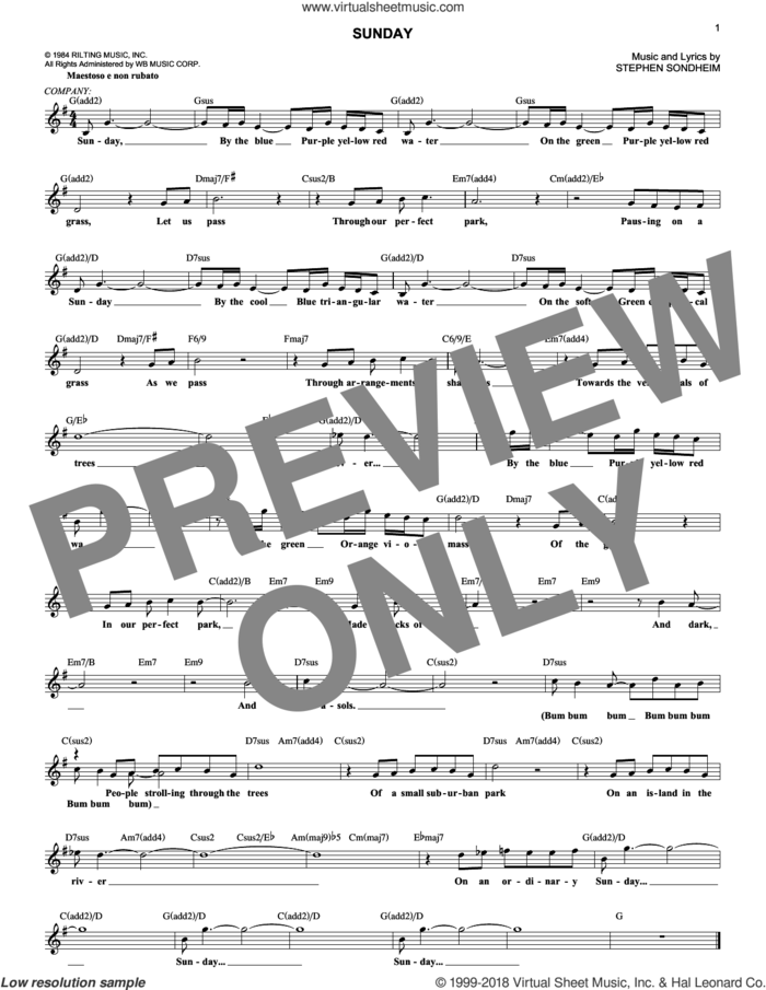 Sunday sheet music for voice and other instruments (fake book) by Stephen Sondheim, intermediate skill level