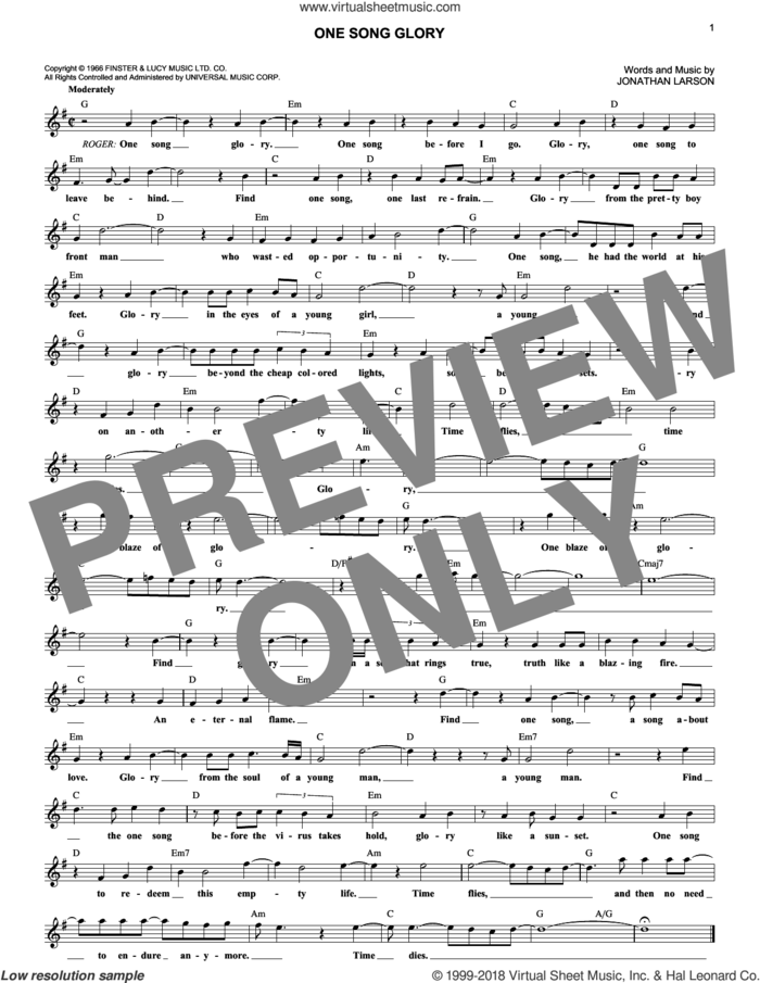 One Song Glory sheet music for voice and other instruments (fake book) by Jonathan Larson, intermediate skill level