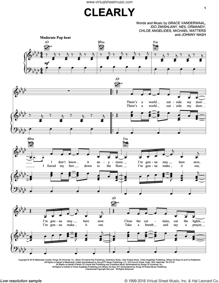 Clearly sheet music for voice, piano or guitar by Grace VanderWaal, Chloe Angelides, Ido Zmishlany, Johnny Nash, Michael Watters and Neil Ormandy, intermediate skill level