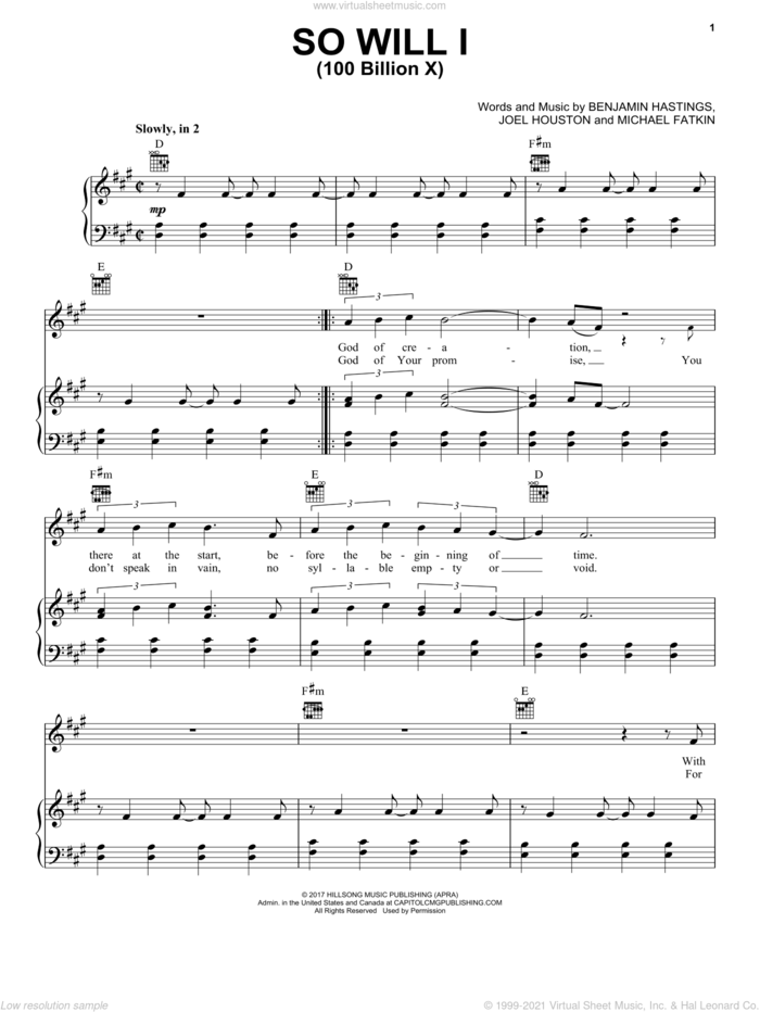 So Will I (100 Billion X) sheet music for voice, piano or guitar by Hillsong United, Benjamin Hastings, Joel Houston and Michael Fatkin, intermediate skill level