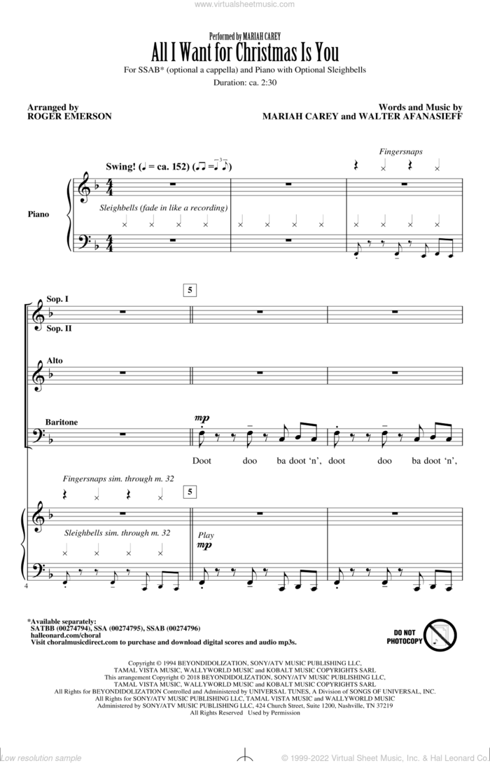 All I Want For Christmas Is You (arr. Roger Emerson) sheet music for choir (ssab (opt. a cappella)) by Mariah Carey, Roger Emerson and Walter Afanasieff, intermediate skill level