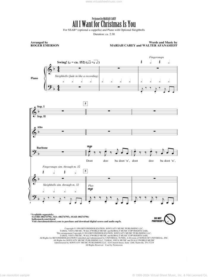 All I Want For Christmas Is You (arr. Roger Emerson) sheet music for choir (ssab (opt. a cappella)) by Mariah Carey, Roger Emerson and Walter Afanasieff, intermediate skill level