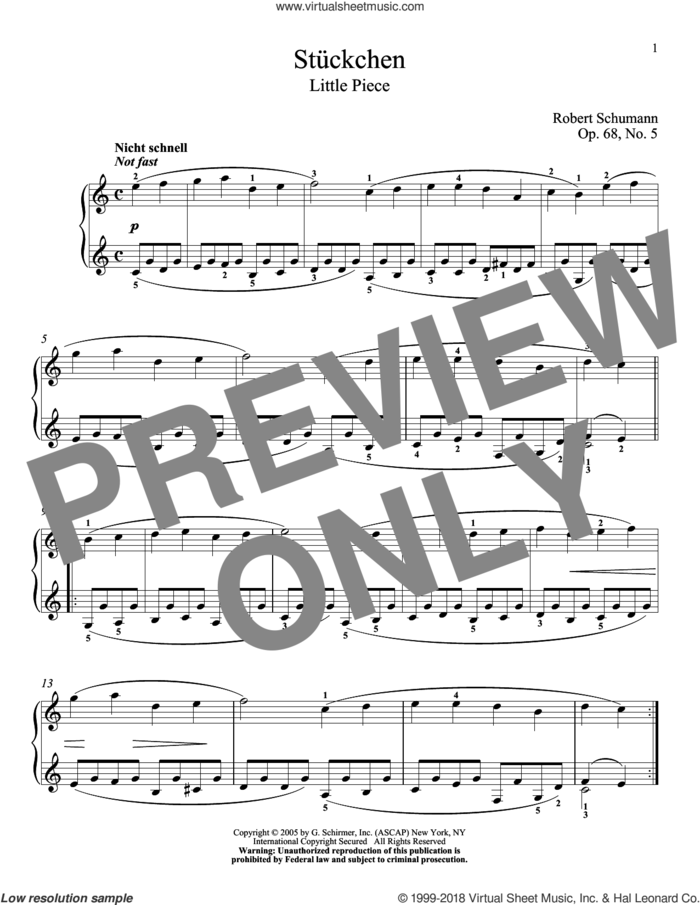 Little Piece, Op. 68, No. 5 sheet music for piano solo by Robert Schumann and Jennifer Linn, classical score, intermediate skill level