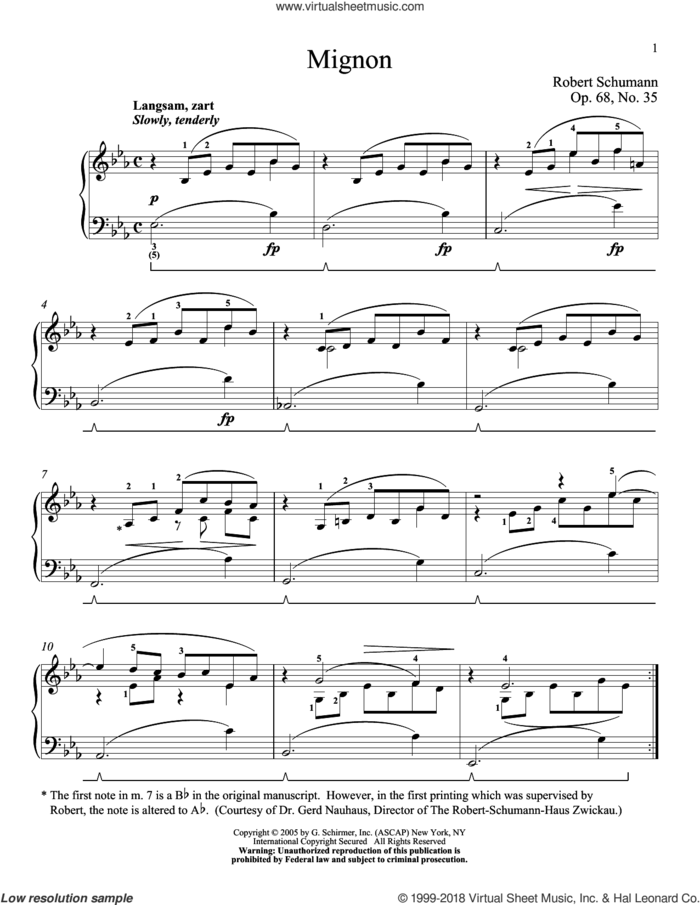 Mignon, Op. 68, No. 35 sheet music for piano solo by Robert Schumann and Jennifer Linn, classical score, intermediate skill level